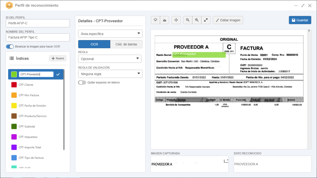 Configure los perfiles de reconocimiento de sus documentos, identificando e informando de manera sencilla cual es la información que desea relevar. Extraiga la información de códigos de barra y QR de manera automática
