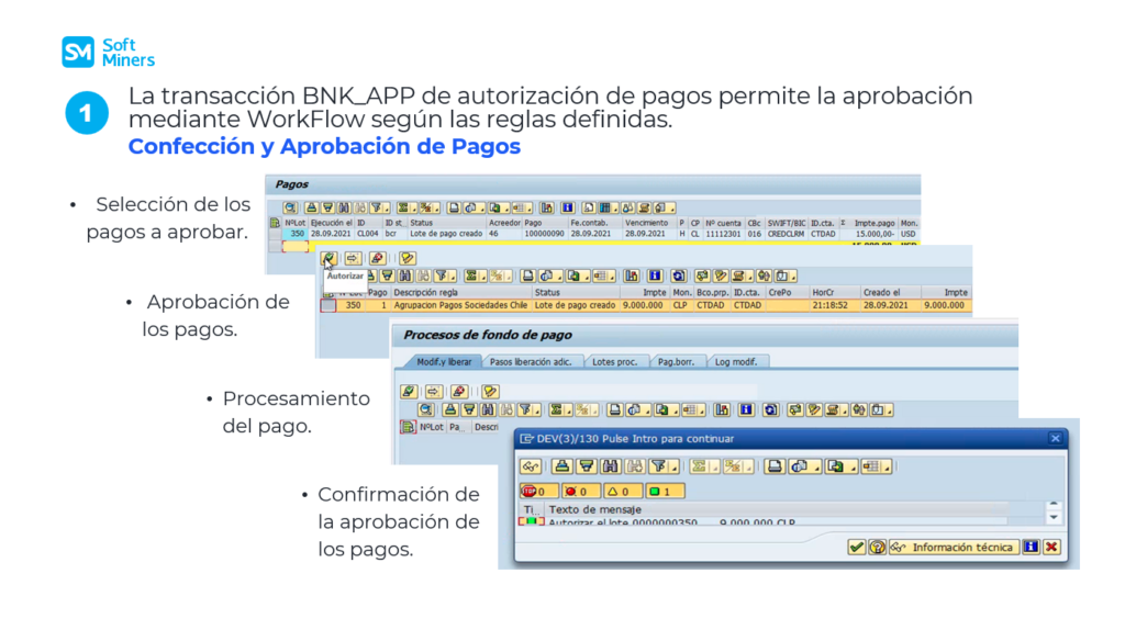 La transacción BNK_APP de autorización de pagos permite la aprobación  mediante WorkFlow según las reglas definidas
